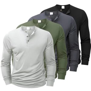 New Men's Henley T-shirts Long Sleeve Basic
